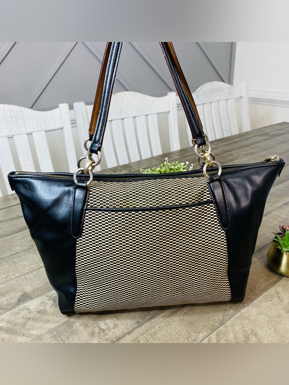 COACH F57246 Legacy Exploded Jacquard Ava Tote Bag Black Leather Cream Woven - Picture 5 of 10